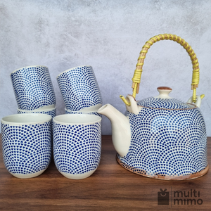 Bule Chaleira Cerâmica Oriental Decorativa com 6 Copos e Infusor Estampa 20