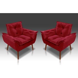 Kit 02 Poltrona Opala C/fibra Siliconada Suede Vermelho - Tucanos Estofados - 1