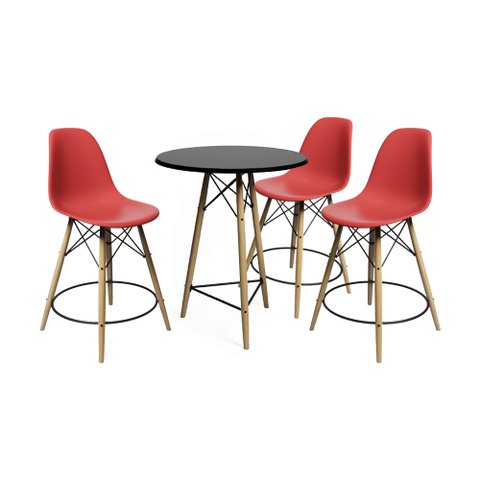 Conjunto Mesa Bistrô Eames Eiffel Preta com 3 Banquetas Vermelhas de Madeira