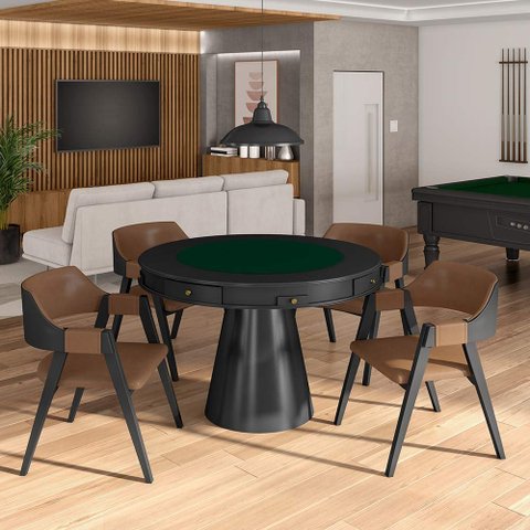 Conjunto Mesa de Jogos Carteado Bellagio Tampo Reversível e 4 Cadeiras Madeira Poker Base Cone Pu Ca