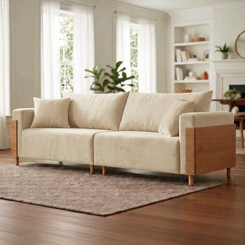 Sofá Living Fixo 2 Lugares 180cm Veludo Pé de Madeira Heitor Bege Claro