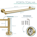Ver imagem 4 de Suporte Porta Toalha Duplo Dourado Escovado Toalheiro 60cm Aço Inox Fosco Acessorio Parede Banheiro: