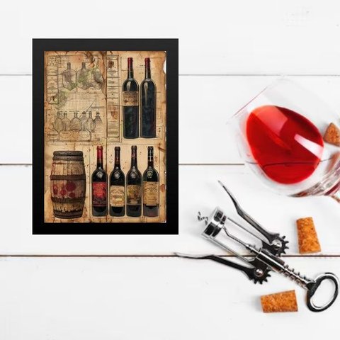 Quadro Decorativo Vintage Garrafas de Vinho 24x18cm:moldura Preta