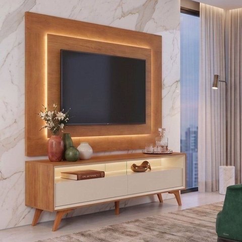 Conjunto Painel Atenas + Rack Viena Painel Naturalle Rack Off White/Naturalle Mavaular