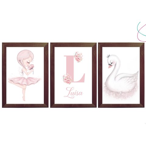 Quadros Decoração Quarto Menina Bailarina e Cisne com Vidro:tabaco
