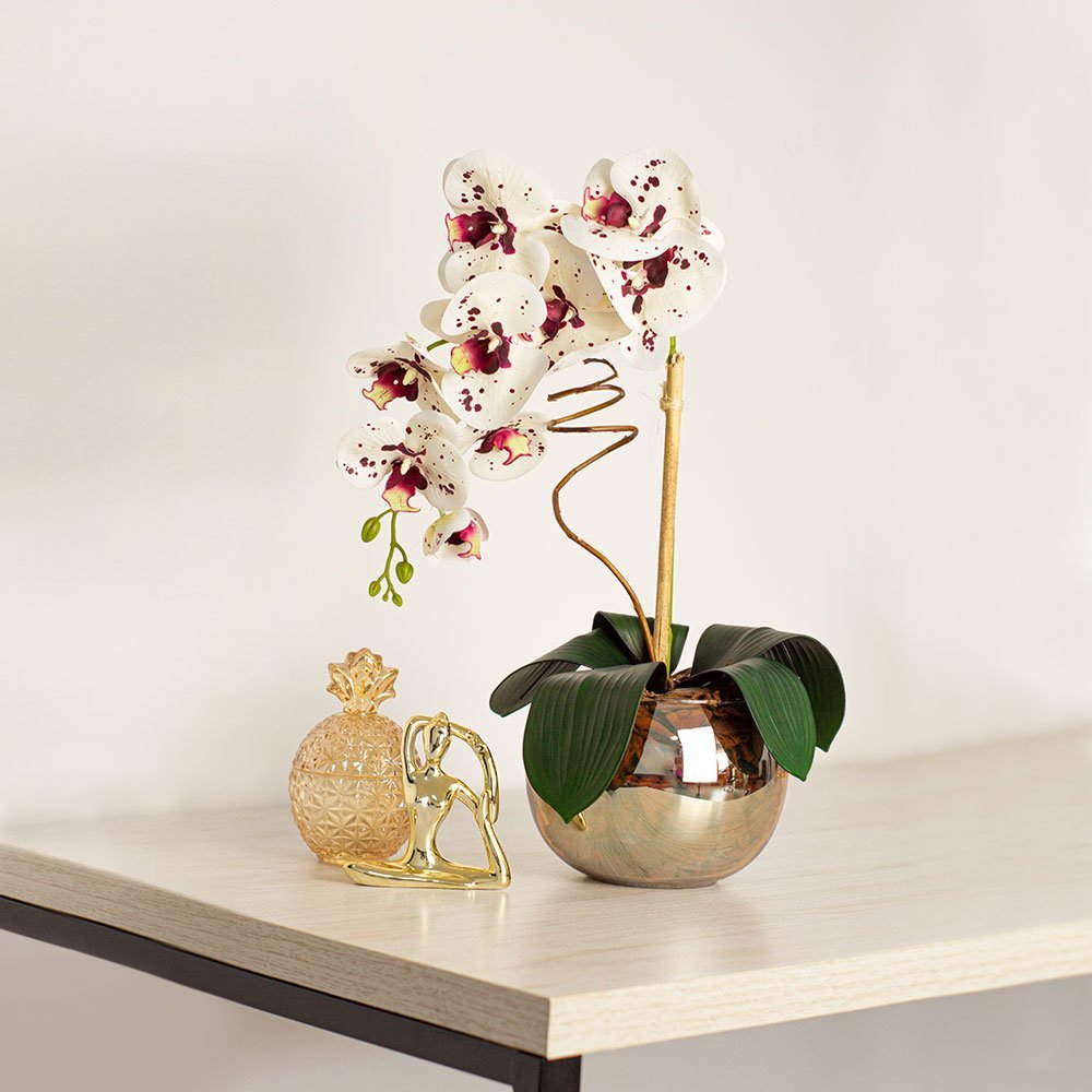 Arranjo Orquídea Branco Mesclado Artificial no Vaso de Vidro Espelhado Beng Flores