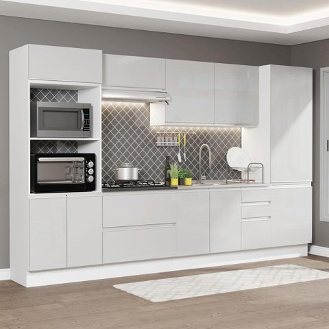 Armário de Cozinha Completa 100% MDF 330cm Frentes Branco Brilho Acordes Madesa 05