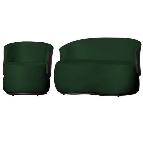 Kit Poltrona e 1 Namoradeira Orgânica Decorativa Beatriz Veludo Verde/pu Marrom - Montanaris Decor