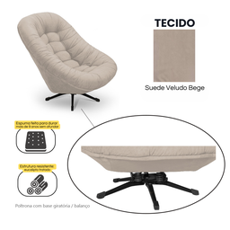 Poltrona Mônaco Giratória com Balanço Tecido Suede Veludo Bege - 5