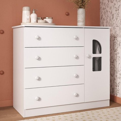 Cômoda Infantil 95cm 1 Porta com Vidro e 4 Gavetas Amora Multimóveis Mp4510 Branco