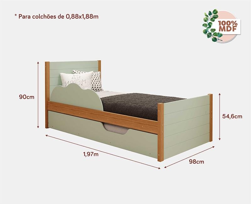 Cama Bibox Solteiro Elza Verde/Nature com proteção lateral e cama auxiliar - 100% MDF - 5