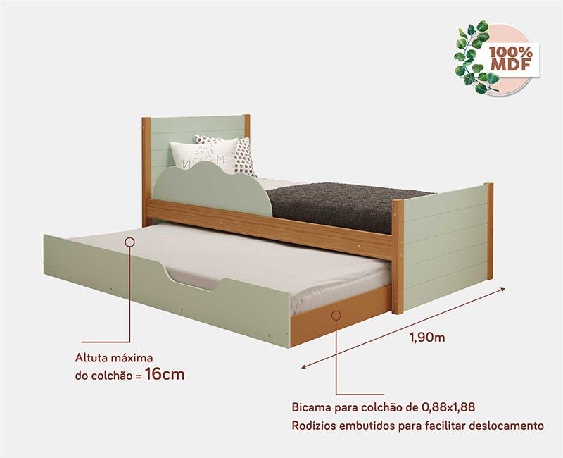 Cama Bibox Solteiro Elza Verde/Nature com proteção lateral e cama auxiliar - 100% MDF - 3