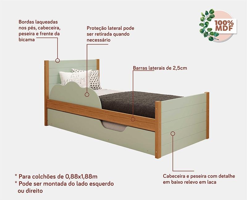 Cama Bibox Solteiro Elza Verde/Nature com proteção lateral e cama auxiliar - 100% MDF - 2