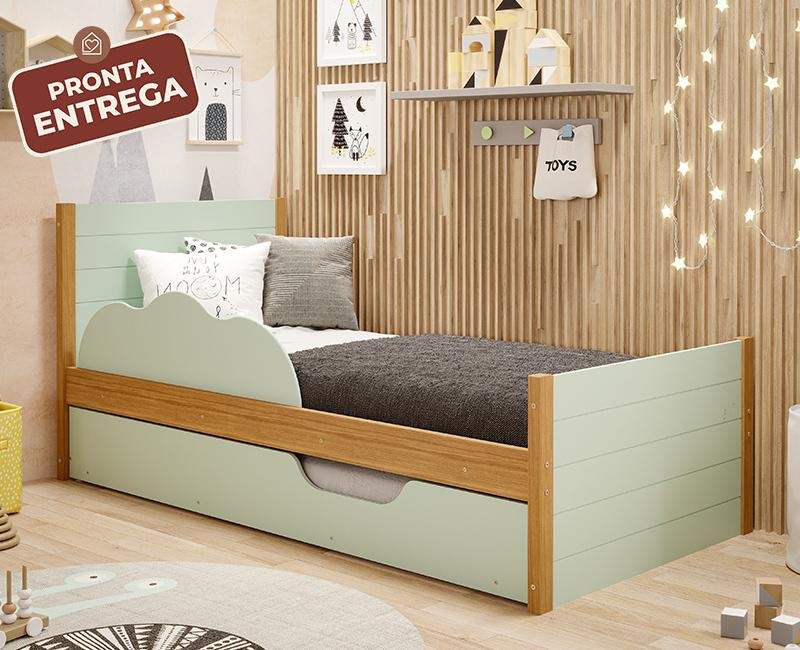 Cama Bibox Solteiro Elza Verde/Nature com proteção lateral e cama auxiliar - 100% MDF - 1