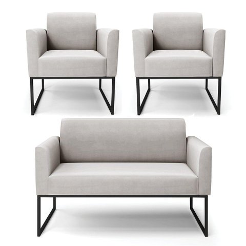 Sofá Namoradeira com 2 Poltronas Base Industrial Preto Marisa Veludo D03 - D\'rossi Cor Cinza
