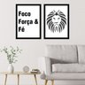 Kit 2 Quadros Foco, Força e Fé - Leão 45x34cm - com vidro:Madeira preta - 1