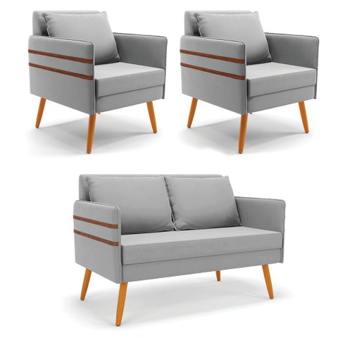 Kit 01 Namoradeira 02 Lugares e 02 Poltronas Mari Suede Pés Palito Castanho - D’Rossi Cinza