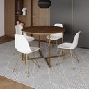Ver imagem 1 de Mesa Jantar Industrial Redonda 110Cm Amêndoa Base V Dourada C/4 Cadeiras Brancas Base Cor: Amendoa