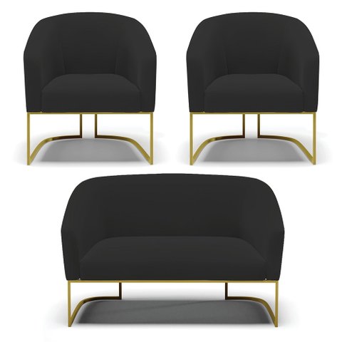 Sofá Namoradeira e 2 Poltronas Base Industrial Dourado Stella Veludo Preto D03 - D'Rossi