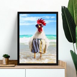 Quadro Decorativo Galo na Praia 33x24cm - com Vidro:moldura Preta - 1
