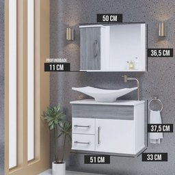 Conjunto Gabinete Inferior e Superior Banheiro 2 Gavetas 1 Porta Turin - Cinza Rovere - Cinza - 3