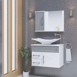 Conjunto Gabinete Inferior e Superior Banheiro 2 Gavetas 1 Porta Turin - Cinza Rovere - Cinza - 1
