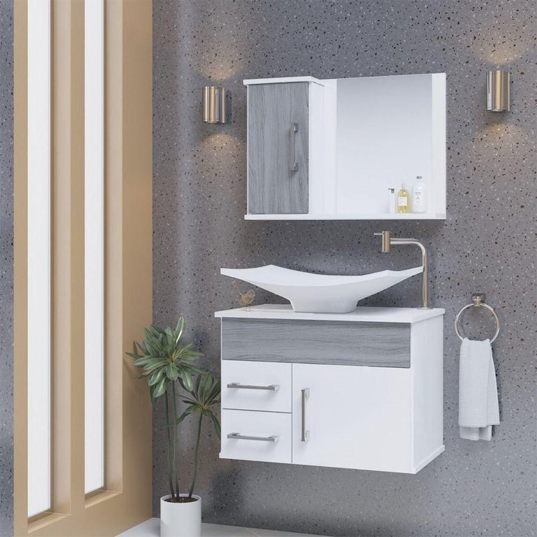 Conjunto Gabinete Inferior e Superior Banheiro 2 Gavetas 1 Porta Turin - Cinza Rovere - Cinza Conjunto Gabinete Inferior e Superior Banheiro 2 Gavetas 1 Porta Turin - Cinza Rovere - Cinza