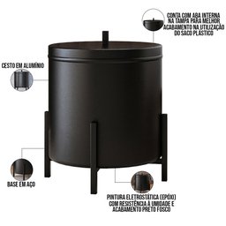 Kit Lixeira com Tampa Multiuso 6l Nara e Papeleira de Chão Tito Aço D01 Preto Fosco - Inoviza - 4