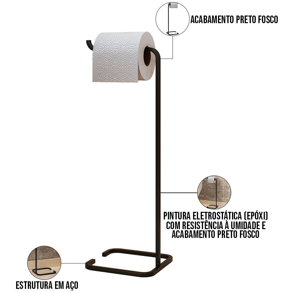Kit Lixeira com Tampa Multiuso 6l Nara e Papeleira de Chão Tito Aço D01 Preto Fosco - Inoviza - 7