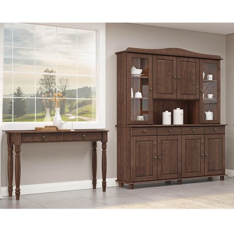 Conjunto Cozinha: Cristaleira 8 Portas 4 Gavetas e Aparador 2 Gavetas Rubi Café Madeira Pinus - Fine