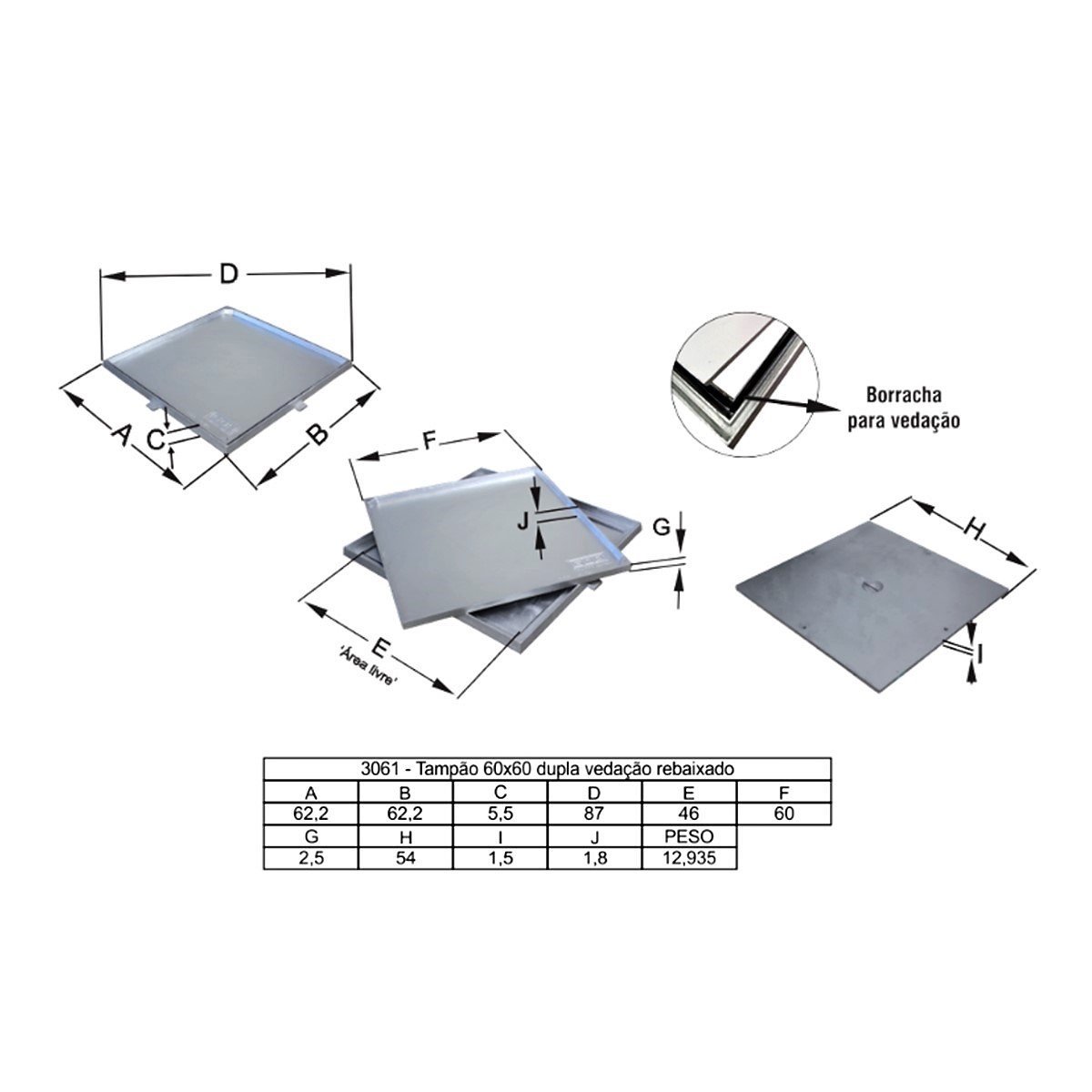 Tampa Tampão Chão Alumínio Dupla Vedação Rebaixado 60x60cm - 6