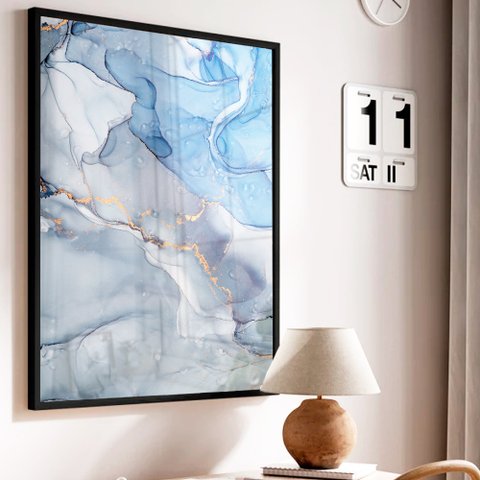 Quadro Decorativo Abstrato Mármore Azul Celeste em Moldura Caixa Tacolado Moldura Trad 1cm Branca Se
