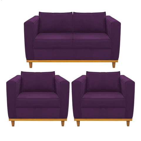 Kit Sofá 2 Lugares e 2 Poltronas Europa Suede Doce Sonho Móveis - Roxo