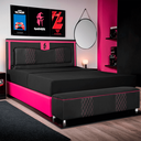 Ver imagem 5 de Kit Quarto Gamer Baú e Painel Fighter Usb 140cm Cama de Casal:preto e Pink