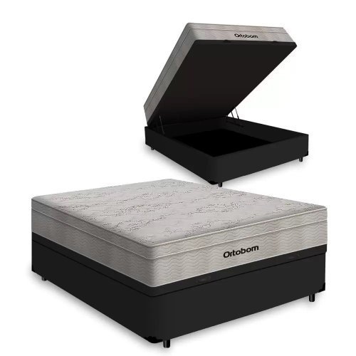 Cama Box Bau Casal Preto + Colchão Casal Airtech Spring Molas Ensacadas (138x188x65) - Ortobom