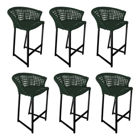 Kit 6 Banquetas Reis em Corda Náutica e Base em Alumínio Preta para Área Gourmet Verde Musgo