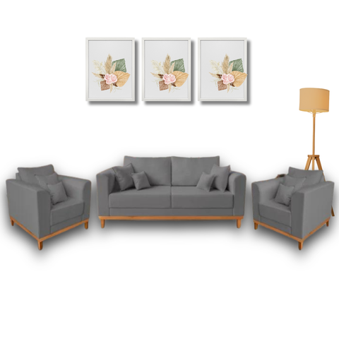 Conjunto de Sofá Beny 3 Peças Cinza, 1 Sofá 1,80m e 2 Poltronas, Tecido Linho.