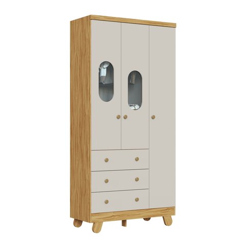 Guarda Roupas Janela Quarto Bebê Pingo 3 Portas 3 Gavetas - Off com Amêndoa