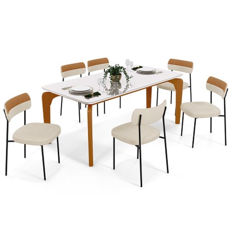 Mesa Jantar Capri 160cm Off White 6 Cadeiras Melina B05 Linho Bege Couríssimo Caramelo - Lyam