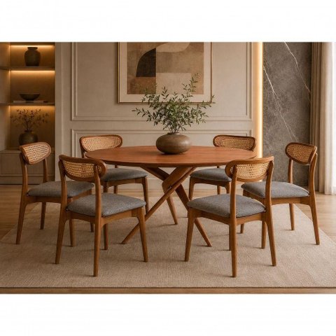 Sala de Jantar Pisa 6 Lugares Tampo em Madeira Maciça Cinamomo 135cm