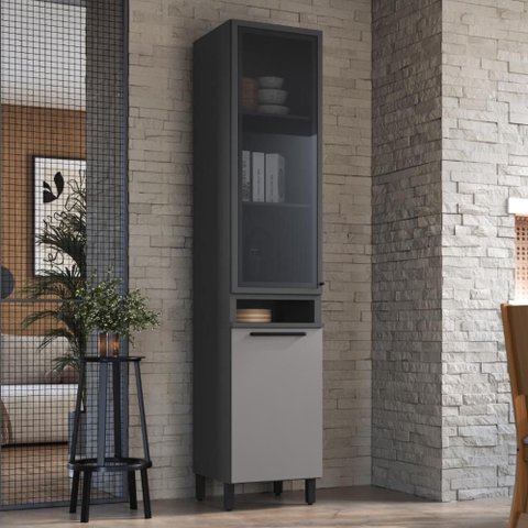 Paneleiro Simples Modulado com Vidro Fidelitá Mônaco 50cm 2 Portas Chumbo/Titânio