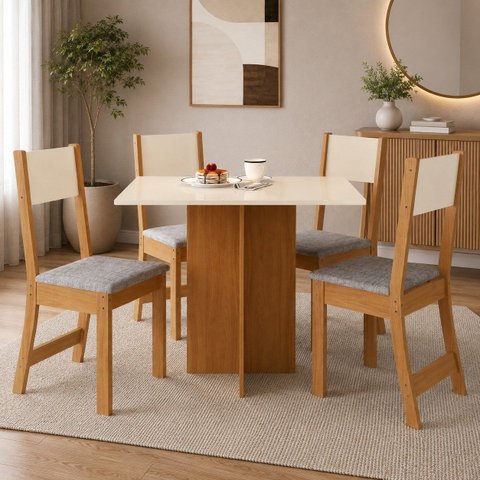 Conjunto Mesa de Jantar Bianca com 4 Cadeiras Estofadas Freijó/Offwhite - Rede Móveis