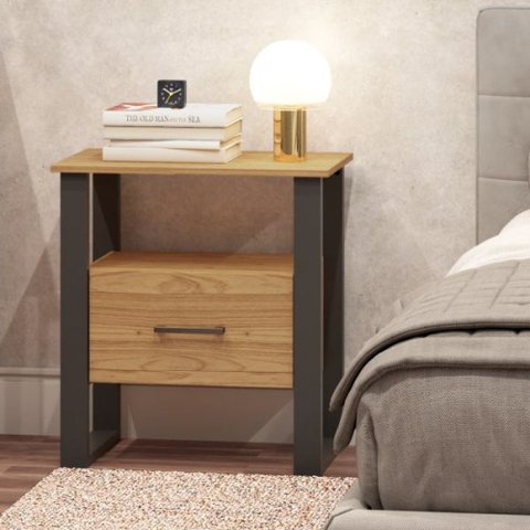 Mesa de Cabeceira Estilo Industrial 60cm com Gaveta 100% Mdf F37 Pradel Móveis-freijó/preto Fosco