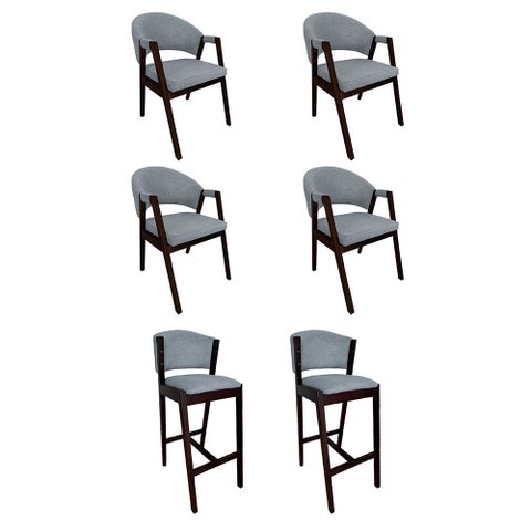 Kit 4 Cadeiras Helen para Sala de Jantar com 2 Banquetas Ana Madeira Maciça Premium Linho - Cinza