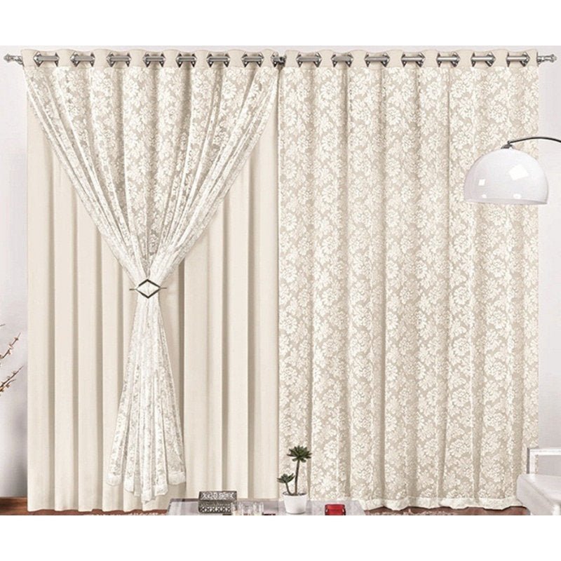 Cortina para Quarto Palha Rendada Floral Ilhos Cromado Varão Simples 3,00 Metros - 1