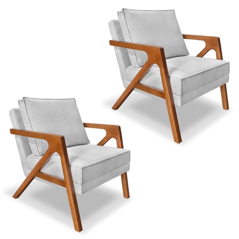 Kit 2 Poltronas Decorativa Luiza Linho Bouclê Base em Madeira Castanho - Pallazio