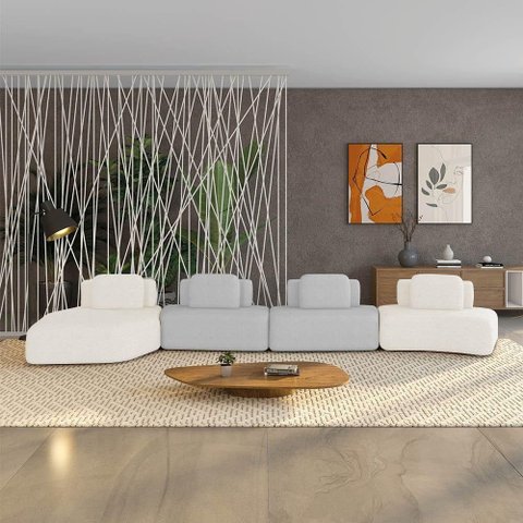 Sofá 4 Lugares Orgânico com Chaise e 3 Módulos Berlim bouclê Off White-cinza Claro K01 - D'