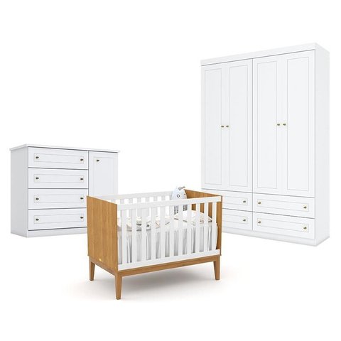 Quarto de Bebê Americano 4 Portas com Berço Americano Unique Freijó Branco Soft  Eco Wood - Matic - 