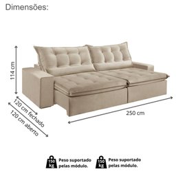 Sofá Retrátil e Reclinável 2,50cm com Pillow e Molas Ensacadas Montebello - Movenzo Estofados - 3