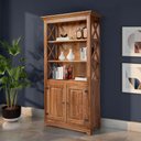 Ver imagem 1 de Livreiro Estante Rústica com Prateleiras Detalhe X em Madeira Maciça com 2 Portas - Natural